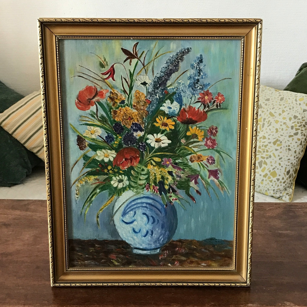 Tableau peinture bouquet fleurs multicolores sur fond bleu encadrement doré 45 cm x 35 cm par Hello Broc brocante en ligne