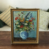 Tableau peinture bouquet fleurs multicolores sur fond bleu encadrement doré 45 cm x 35 cm par Hello Broc brocante en ligne