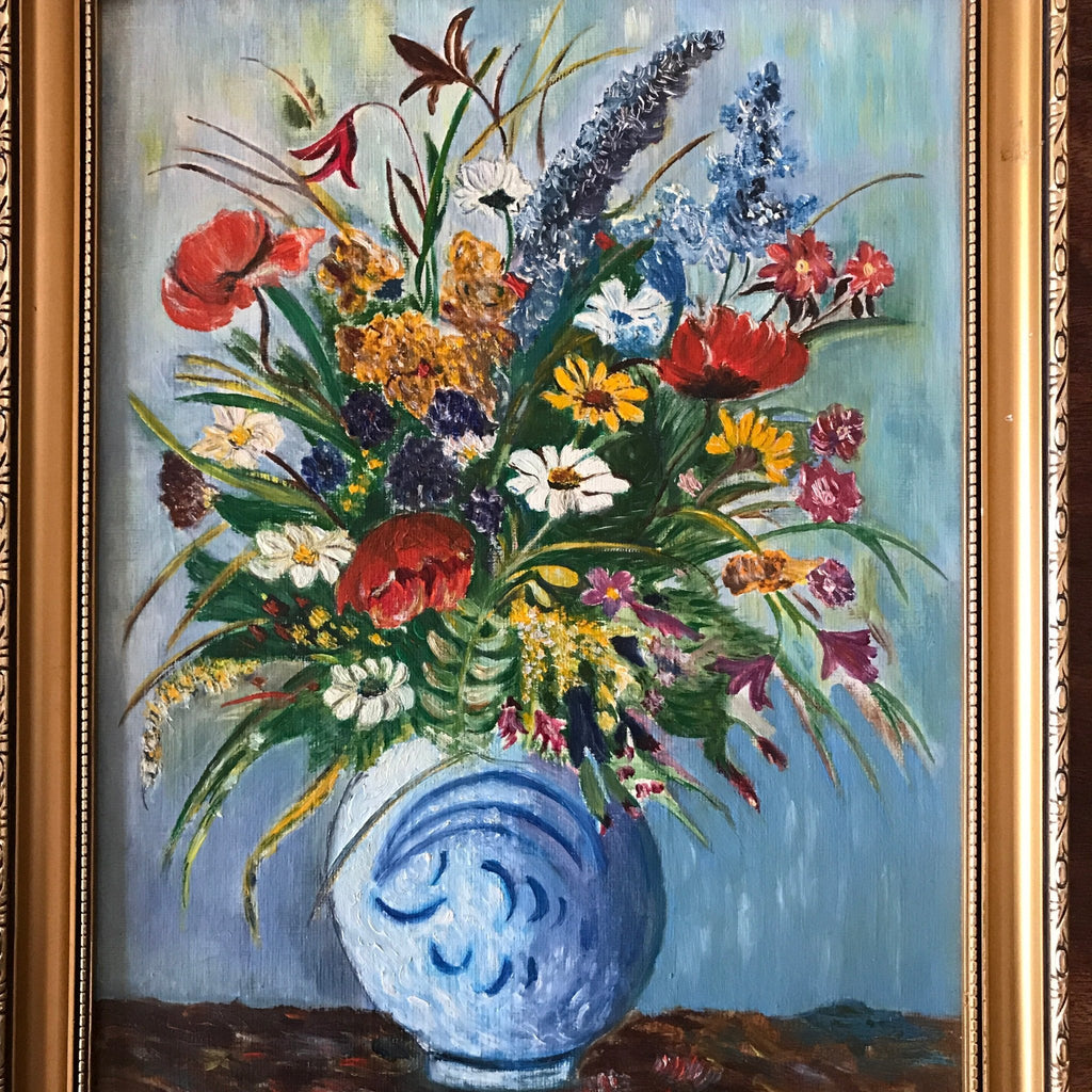 Tableau peinture bouquet fleurs multicolores sur fond bleu encadrement doré 45 cm x 35 cm par Hello Broc brocante en ligne