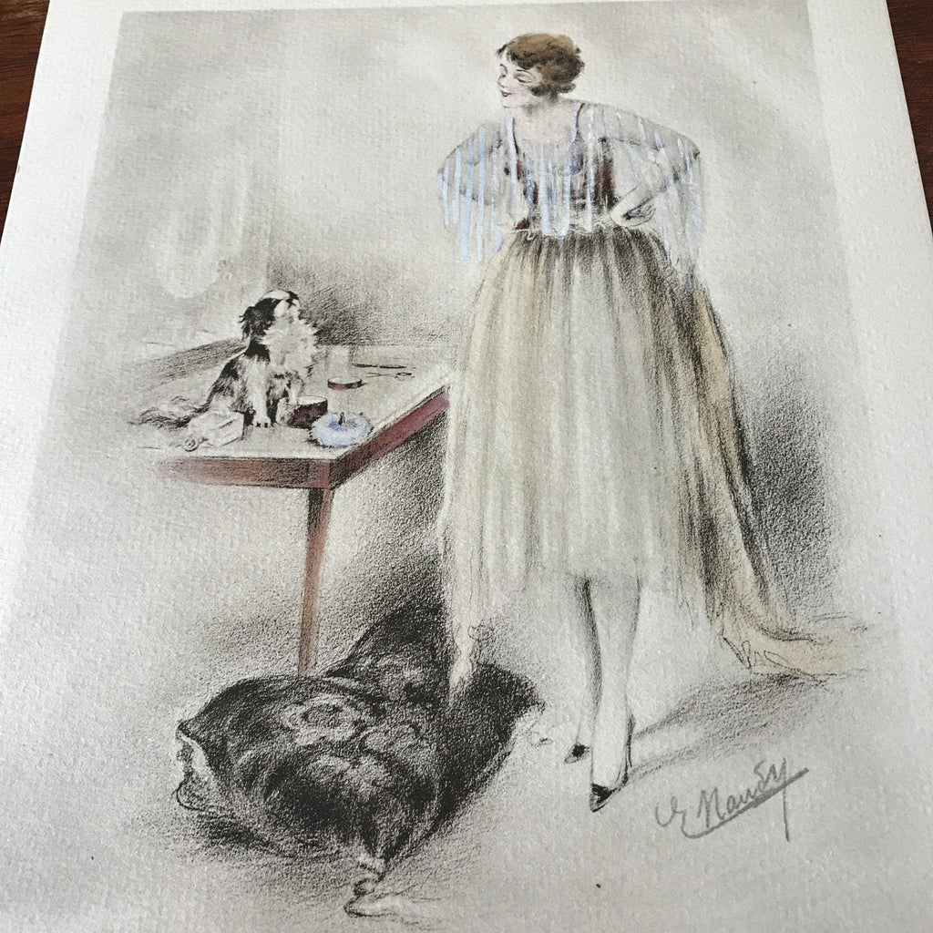 Illustration dessin aquarellé de E. Naudy (Alfred Renaudin) Circa 1920 - Femme découvrant son chien sur la coiffeuse par Hello Broc brocante en ligne