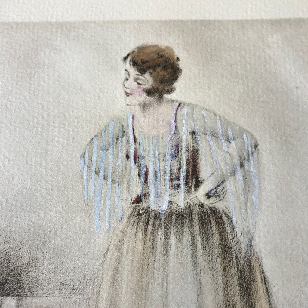 Illustration dessin aquarellé de E. Naudy (Alfred Renaudin) Circa 1920 - Femme découvrant son chien sur la coiffeuse par Hello Broc brocante en ligne