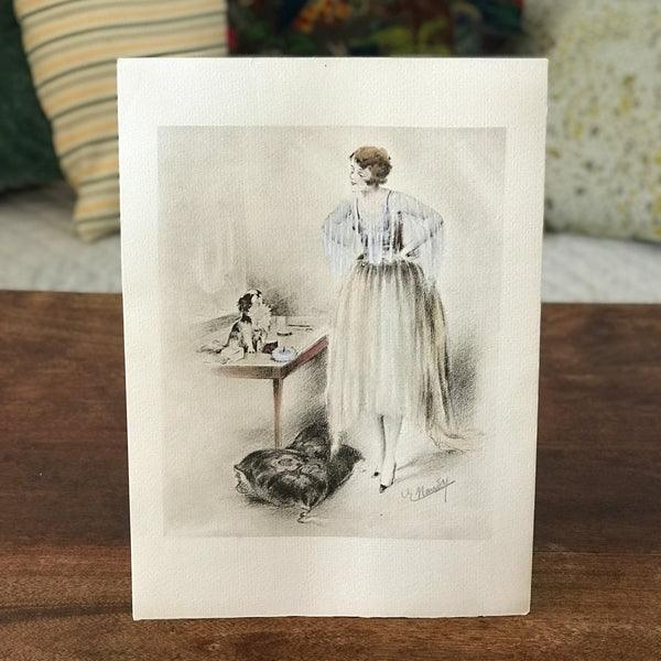 Illustration dessin aquarellé de E. Naudy (Alfred Renaudin) Circa 1920 - Femme découvrant son chien sur la coiffeuse par Hello Broc brocante en ligne