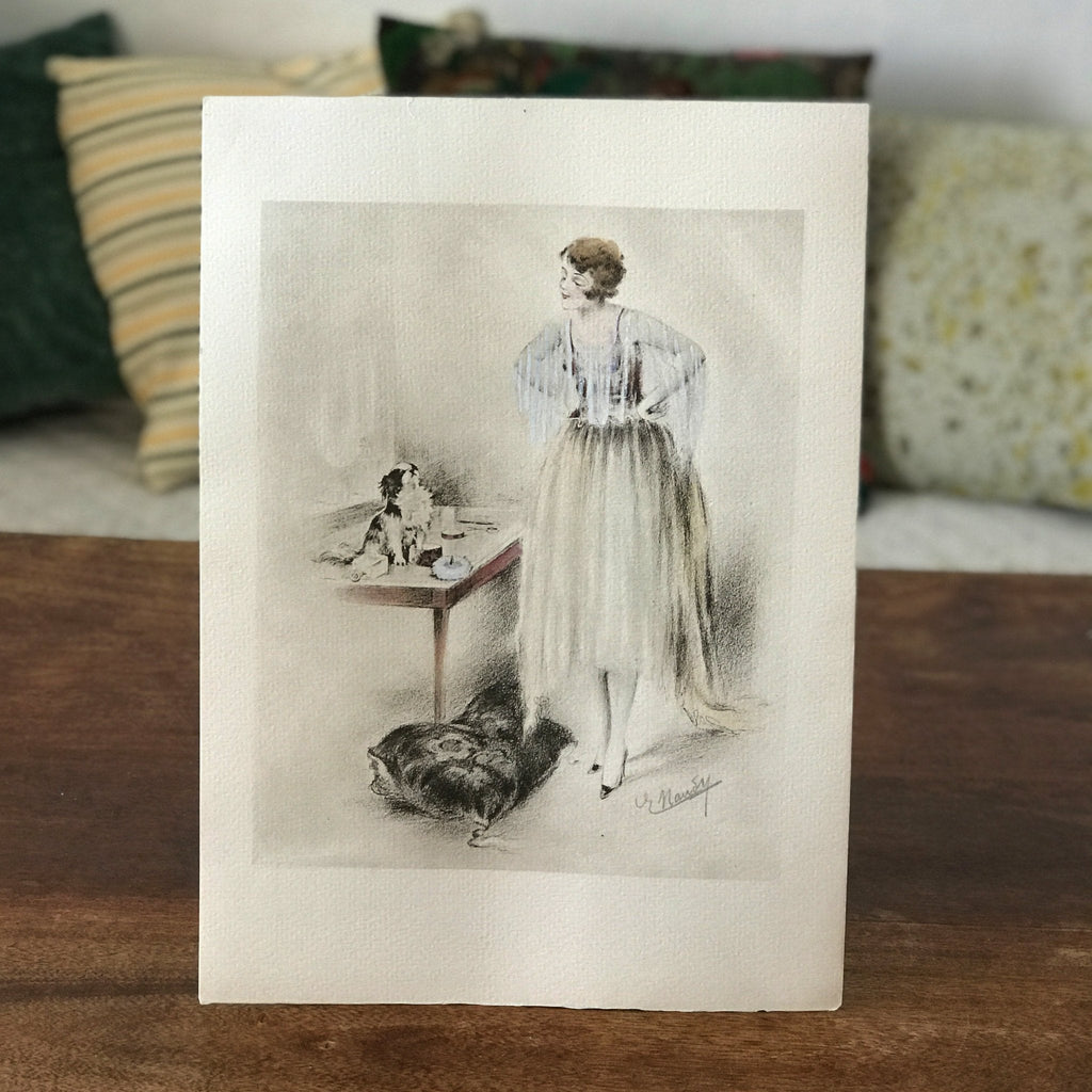 Illustration dessin aquarellé de E. Naudy (Alfred Renaudin) Circa 1920 - Femme découvrant son chien sur la coiffeuse par Hello Broc brocante en ligne