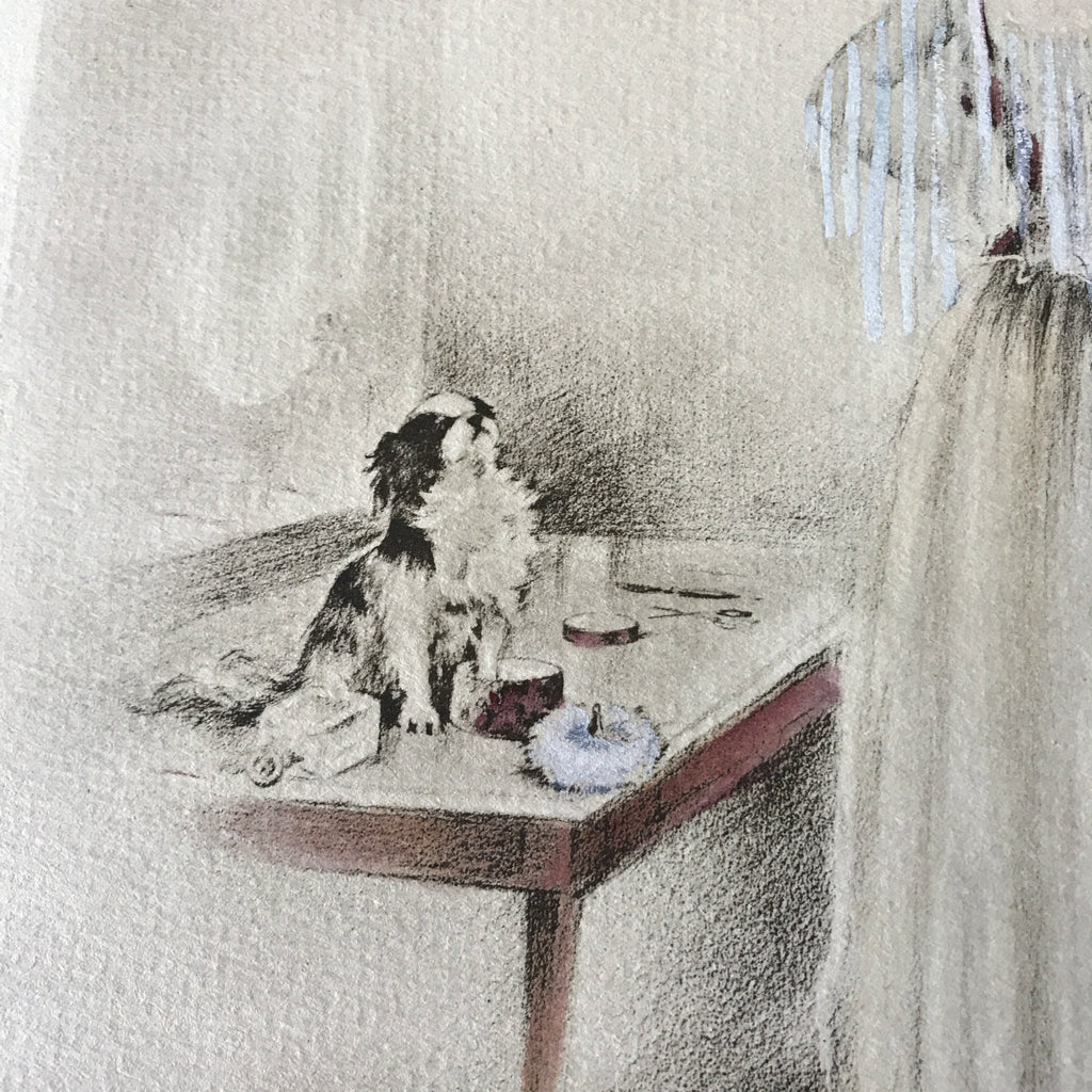 Illustration dessin aquarellé de E. Naudy (Alfred Renaudin) Circa 1920 - Femme découvrant son chien sur la coiffeuse par Hello Broc brocante en ligne