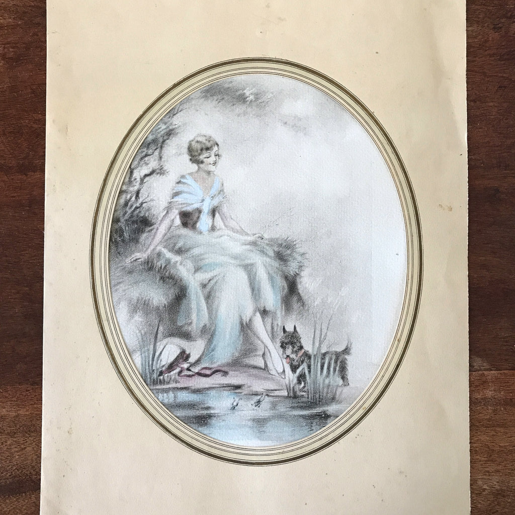 Illustration dessin aquarellé de E. Naudy (Alfred Renaudin) - Femme au bord d'un étang avec son chien - Circa 1920 par Hello Broc brocante en ligne