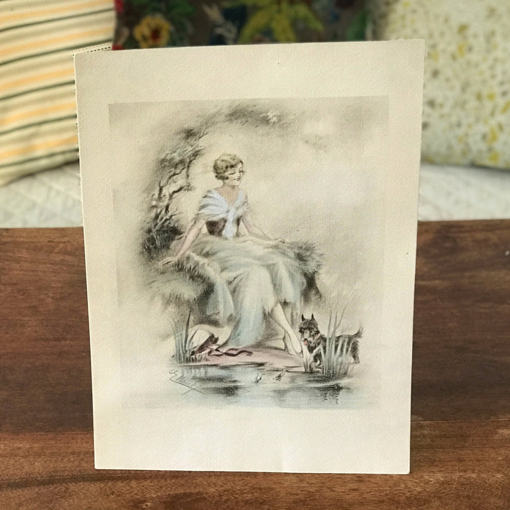 Illustration dessin aquarellé de E. Naudy (Alfred Renaudin) - Femme au bord d'un étang avec son chien - Circa 1920 par Hello Broc brocante en ligne