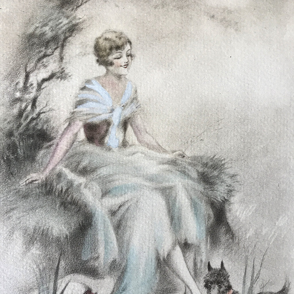 Illustration dessin aquarellé de E. Naudy (Alfred Renaudin) - Femme au bord d'un étang avec son chien - Circa 1920 par Hello Broc brocante en ligne