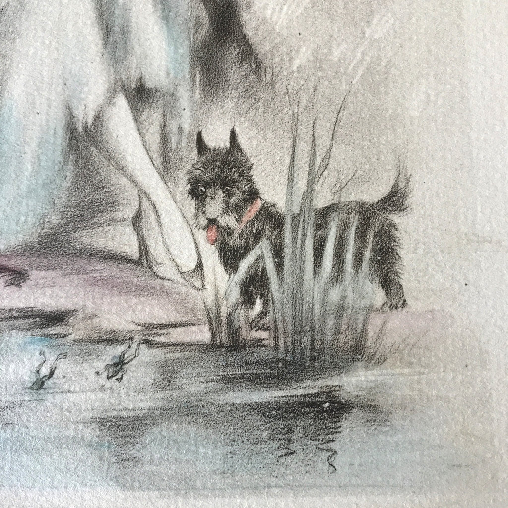 Illustration dessin aquarellé de E. Naudy (Alfred Renaudin) - Femme au bord d'un étang avec son chien - Circa 1920 par Hello Broc brocante en ligne