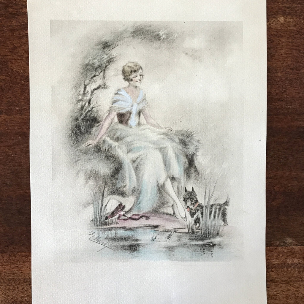 Illustration dessin aquarellé de E. Naudy (Alfred Renaudin) - Femme au bord d'un étang avec son chien - Circa 1920 par Hello Broc brocante en ligne