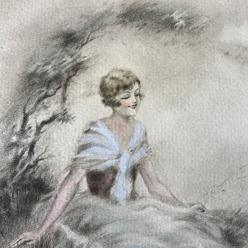 Illustration dessin aquarellé de E. Naudy (Alfred Renaudin) - Femme au bord d'un étang avec son chien - Circa 1920 par Hello Broc brocante en ligne