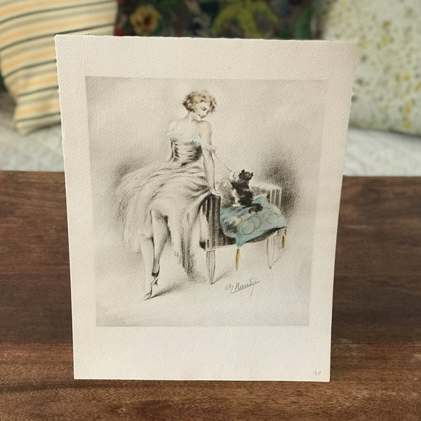 Illustration originale aquarellée de E. Naudy (Alfred Renaudin) Circa 1920 - Femme et son chat jouant sur un fauteuil par Hello Broc brocante en ligne