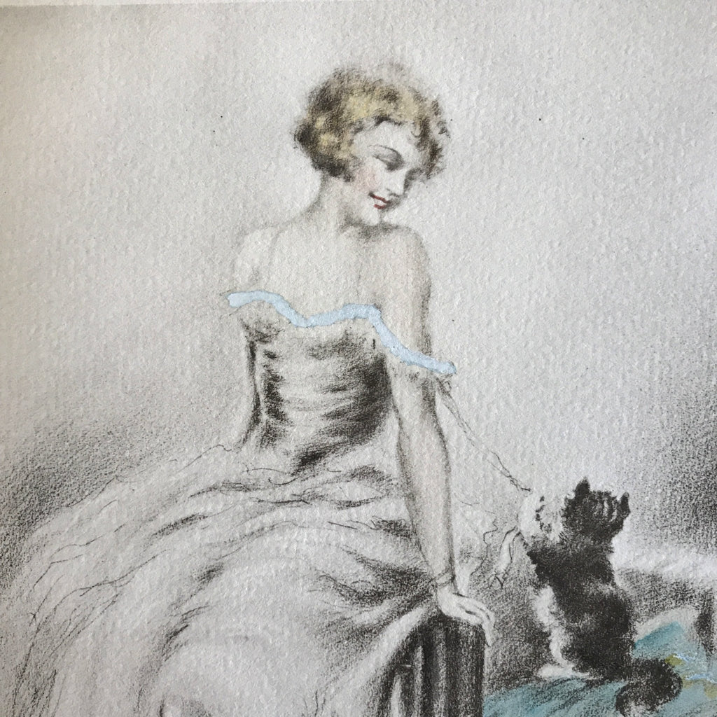 Illustration originale aquarellée de E. Naudy (Alfred Renaudin) Circa 1920 - Femme et son chat jouant sur un fauteuil par Hello Broc brocante en ligne