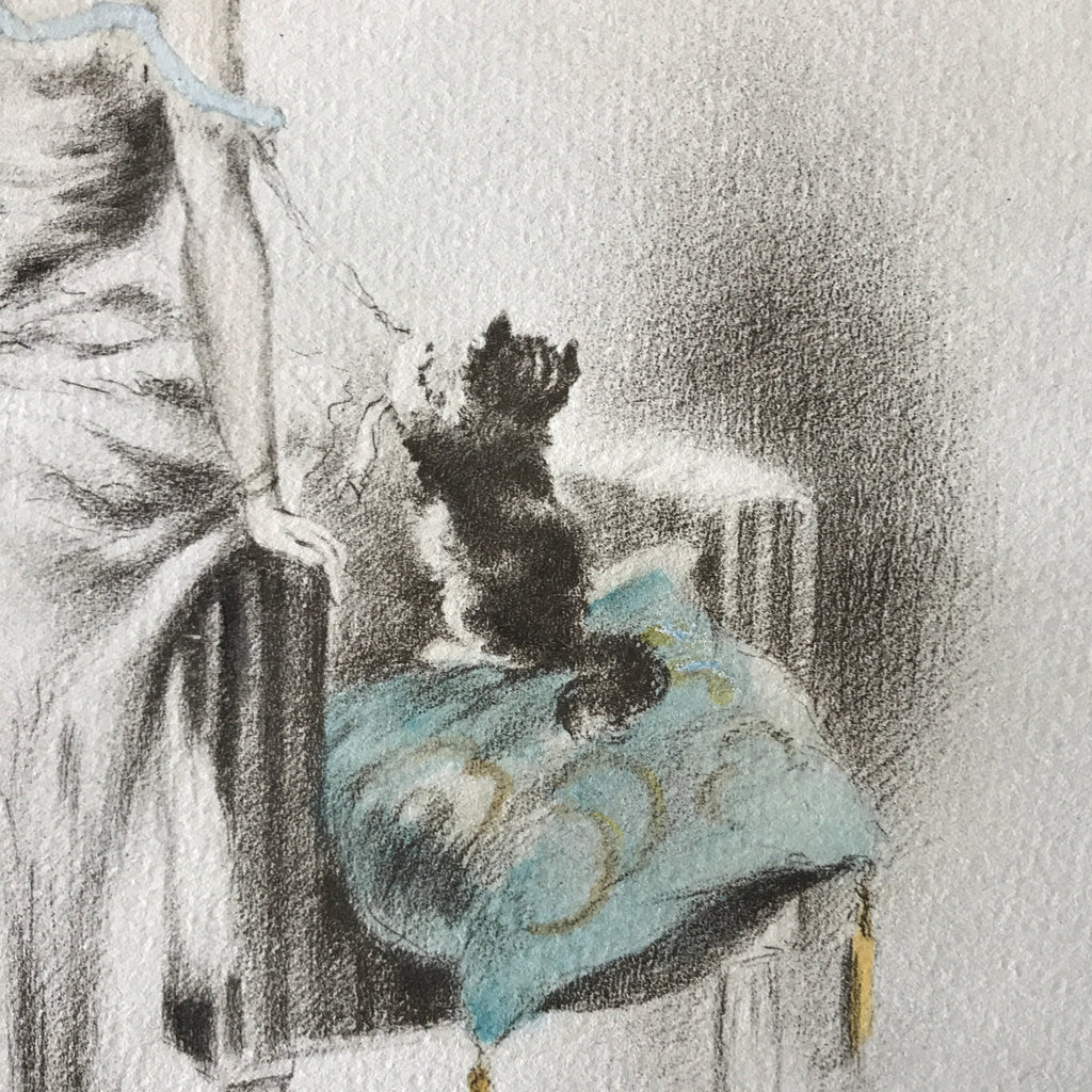 Illustration originale aquarellée de E. Naudy (Alfred Renaudin) Circa 1920 - Femme et son chat jouant sur un fauteuil par Hello Broc brocante en ligne