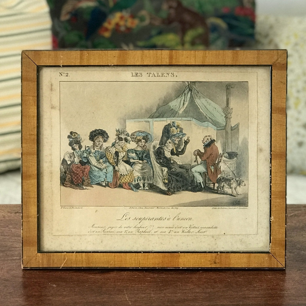 Lithographie humoristique en costume d'époque encadrée de Raban série Les Talens - Les Soupirantes à l'Union par Hello Broc brocante en ligne