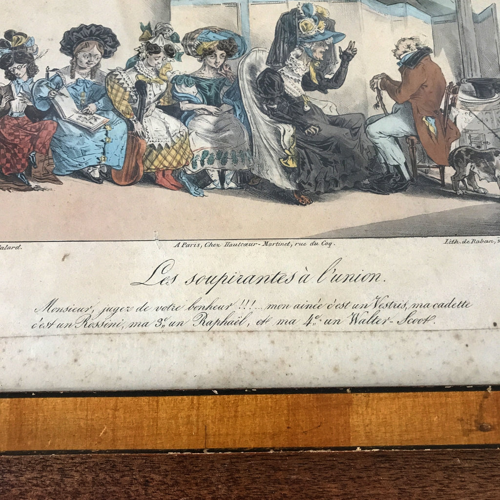 Lithographie humoristique en costume d'époque encadrée de Raban série Les Talens - Les Soupirantes à l'Union par Hello Broc brocante en ligne