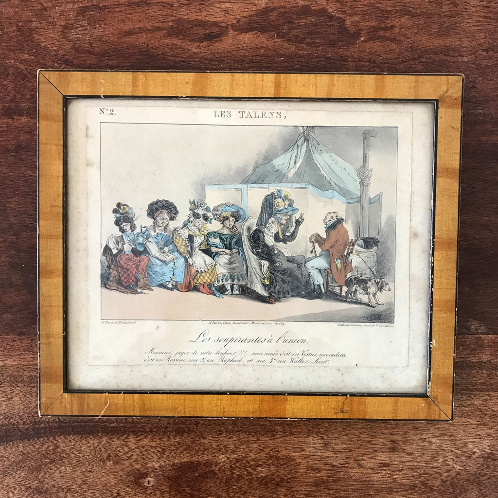 Lithographie humoristique en costume d'époque encadrée de Raban série Les Talens - Les Soupirantes à l'Union par Hello Broc brocante en ligne