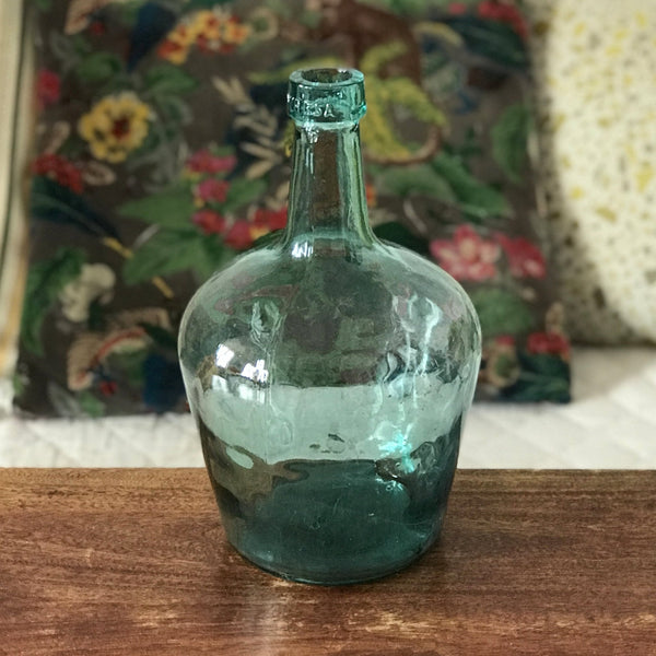 Bouteille bonbonne Viresa en verre moulé vert bleu de 2 litres par Hello Broc brocante en ligne