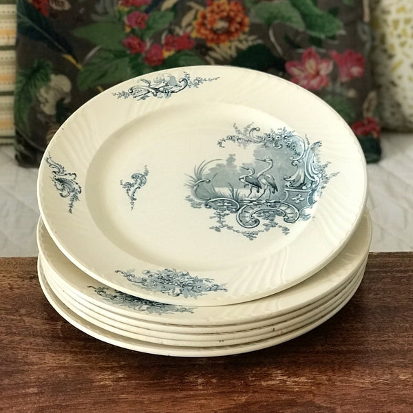 Lot de 6 assiettes plates en faïence de Lunéville K&G décor Rocaille Hérons par Hello Broc brocante en ligne