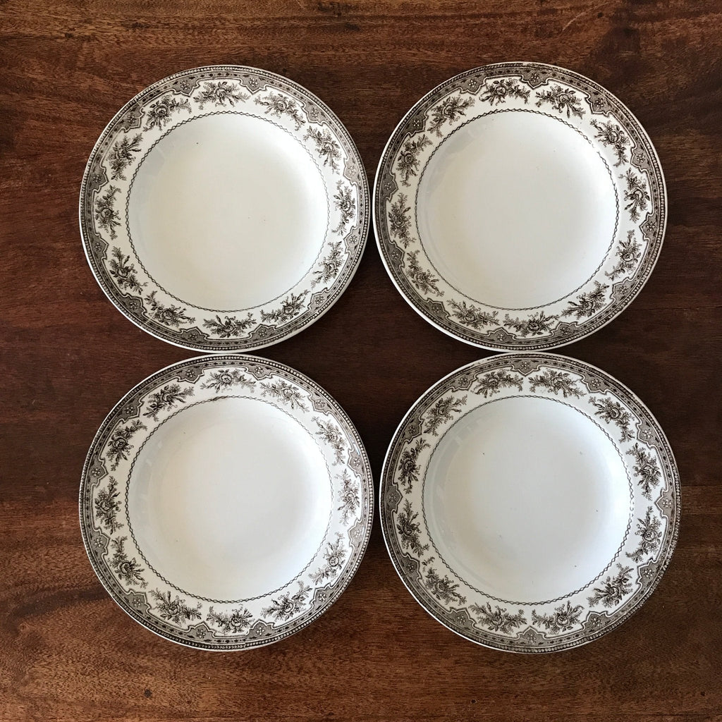 Lot de 4 assiettes creuses Faïencerie Onnaing Terre de Fer décor Roses - Mousses - Hello Broc