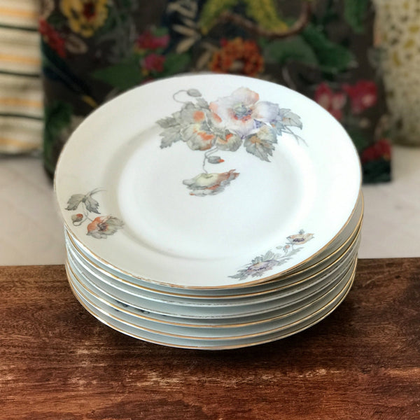 Lot de 8 assiettes plates ULIM Limoges France décor pavots par Hello Broc brocante en ligne