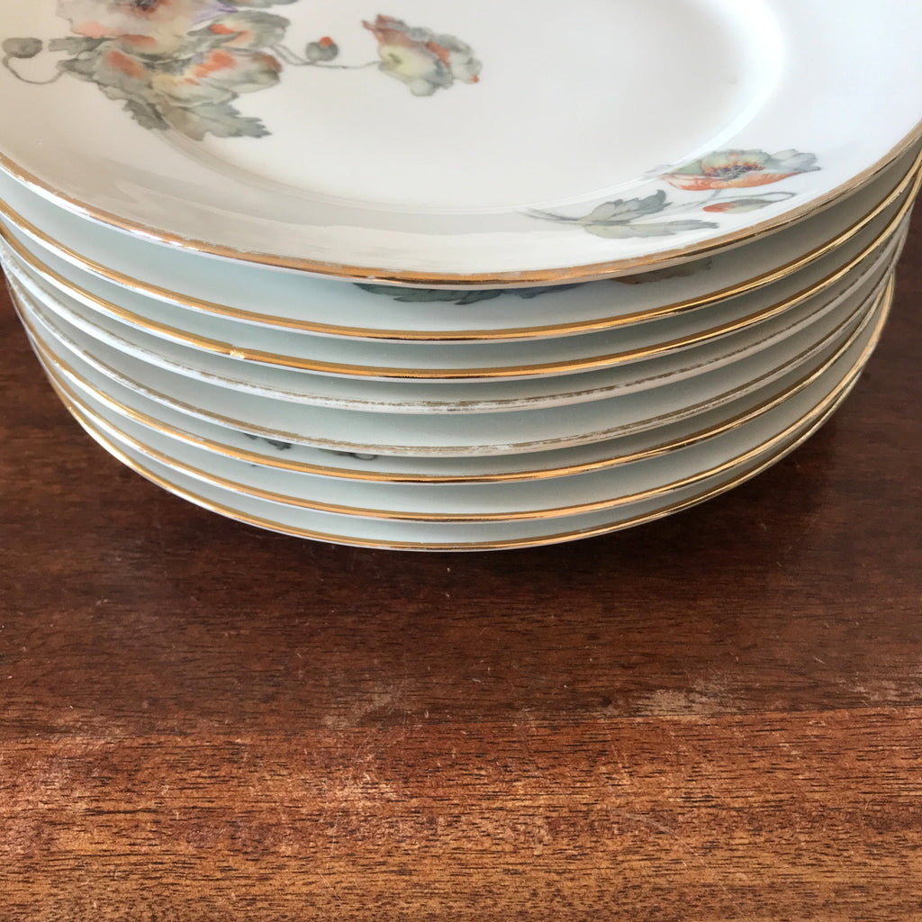 Lot de 8 assiettes plates ULIM Limoges France décor pavots par Hello Broc brocante en ligne