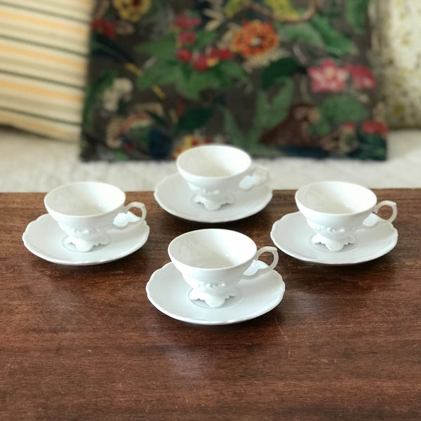 Ensemble 4 tasses à café et 4 sous-tasses soucoupes en porcelaine blanche Edelstein Bavaria par Hello Broc