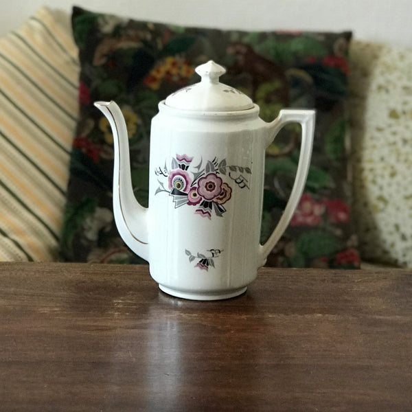 Théière cafetière en porcelaine blanche décor gris et rose fleurs stylisées par Hello Broc brocante en ligne