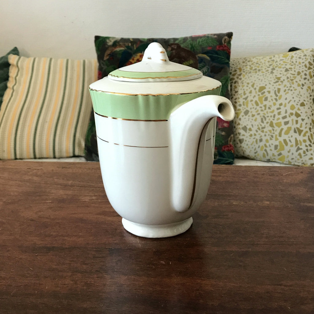 Théière cafetière blanche et vert d'eau Faïencerie d'Orchies - Nord - France par Hello Broc brocante en ligne