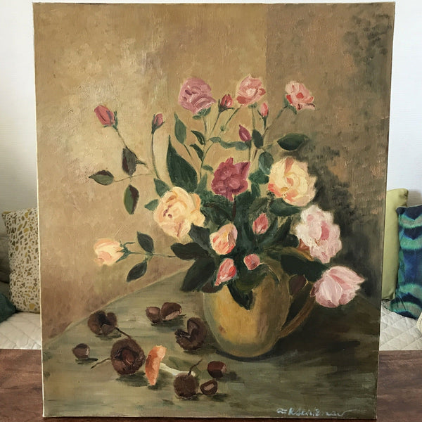 Tableau huile sur toile bouquet de fleurs, marrons et champignon 54 x 65 cm - Hello Broc