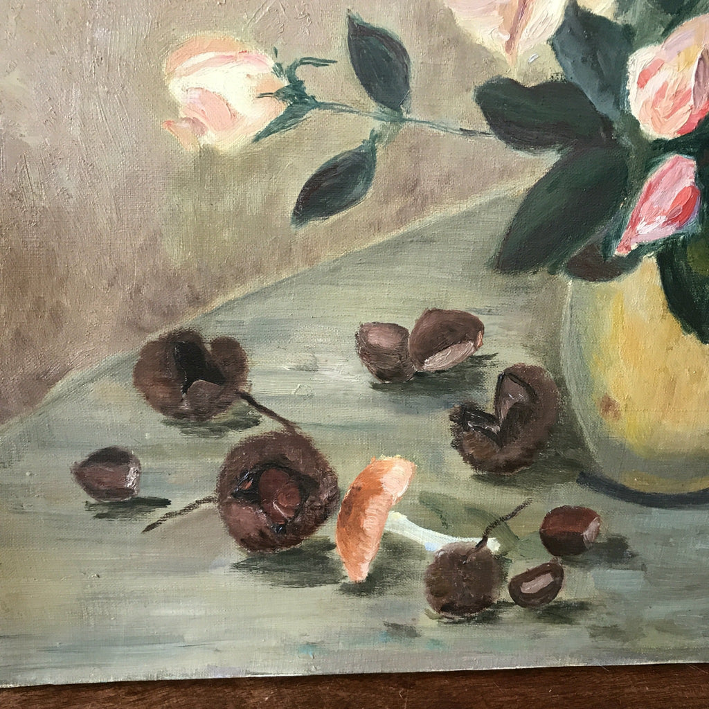 Tableau huile sur toile bouquet de fleurs, marrons et champignon 54 x 65 cm - Hello Broc