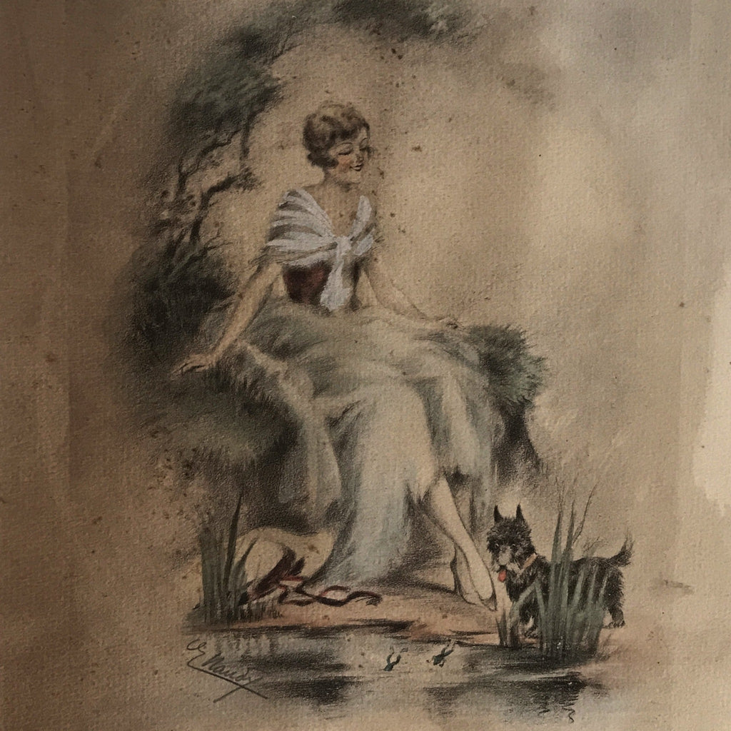 Illustration dessin aquarellé de E. Naudy - Femme au bord d'un étang avec son chien Circa 1920 - Hello Broc