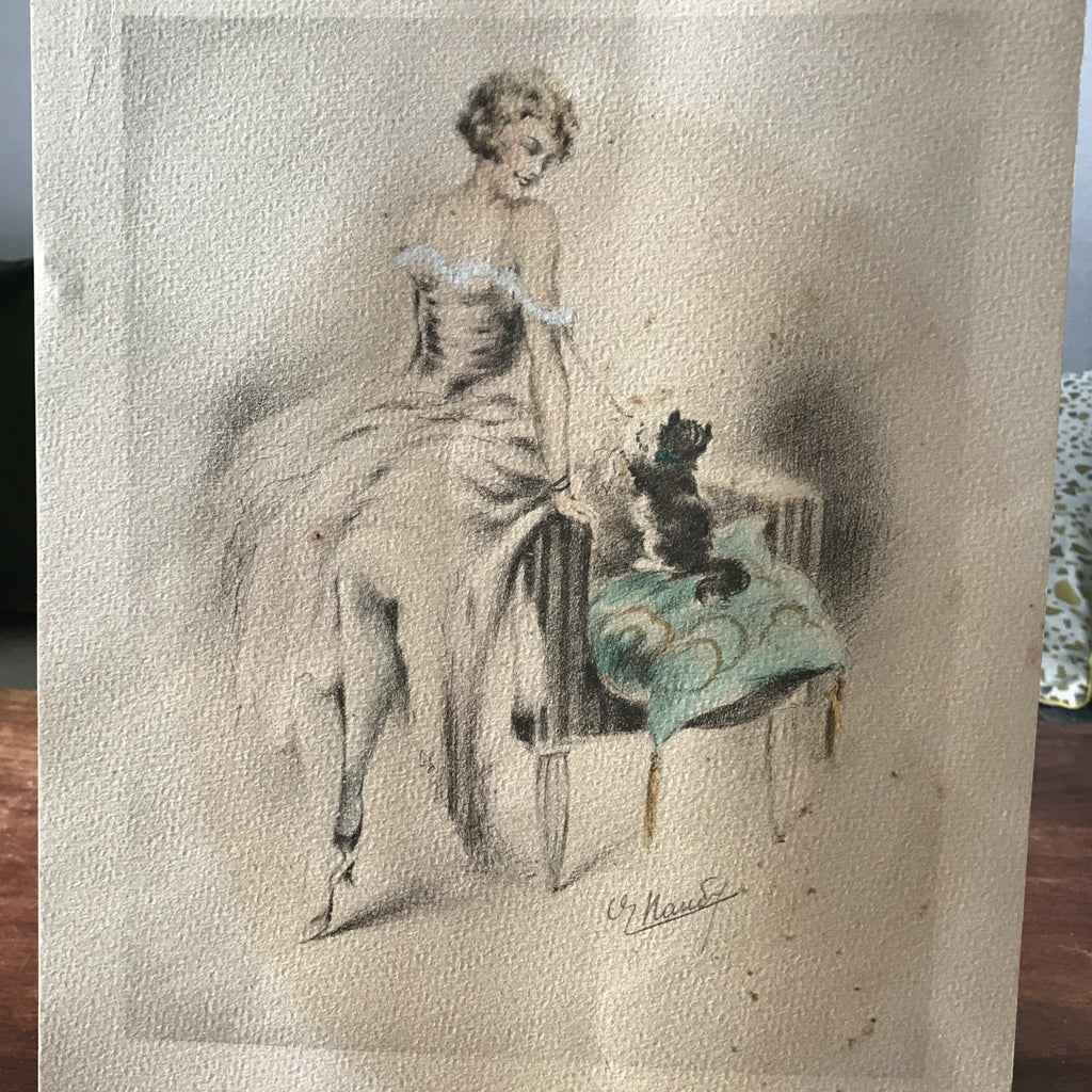 Illustration dessin aquarellé de E. Naudy (Alfred Renaudin) Circa 1920 - Femme et son chat jouant sur un fauteuil