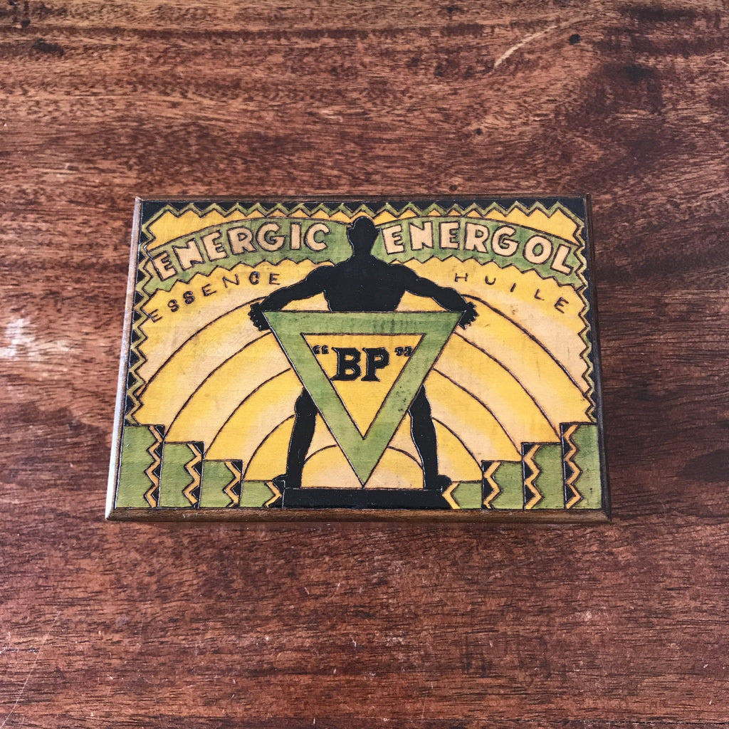 Boîte publicitaire pour BP Art Déco en bois gravée et colorée - Hello Broc