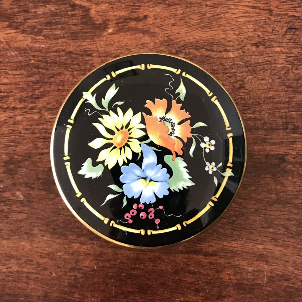 Ancienne petite bonbonnière en céramique Villeroy & Boch décor Xena bouquet de fleurs multicolores sur fond noir par Hello Broc brocante en ligne