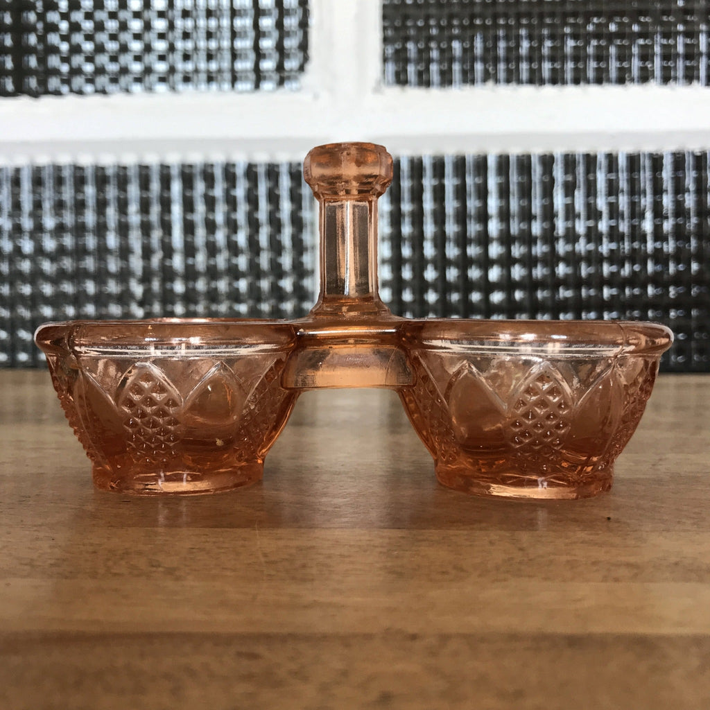 Saleron double en verre moulé rose années 50 - Hello Broc