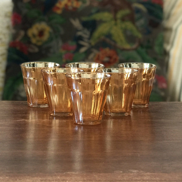 Lot de 6 petits gobelets en verre moulé orange irisé dans le style Picardie de Duralex - Hello Broc