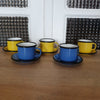 Ensemble de 5 tasses et 5 soucoupes à café en métal émaillé jaune et bleu - Hello Broc