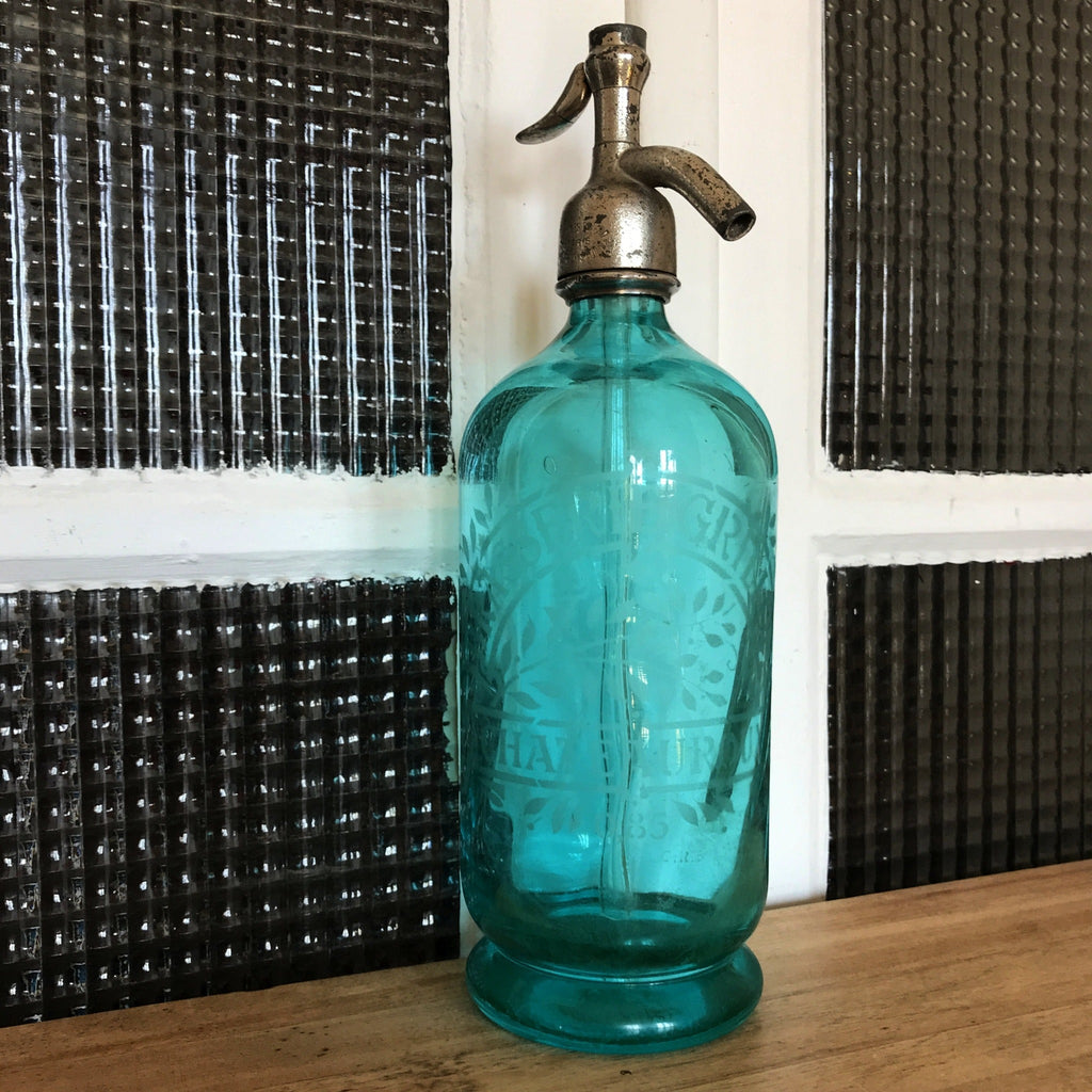 Siphon ancien bleu turquoise de la Brasserie Grillon Châteauroux - Hello Broc