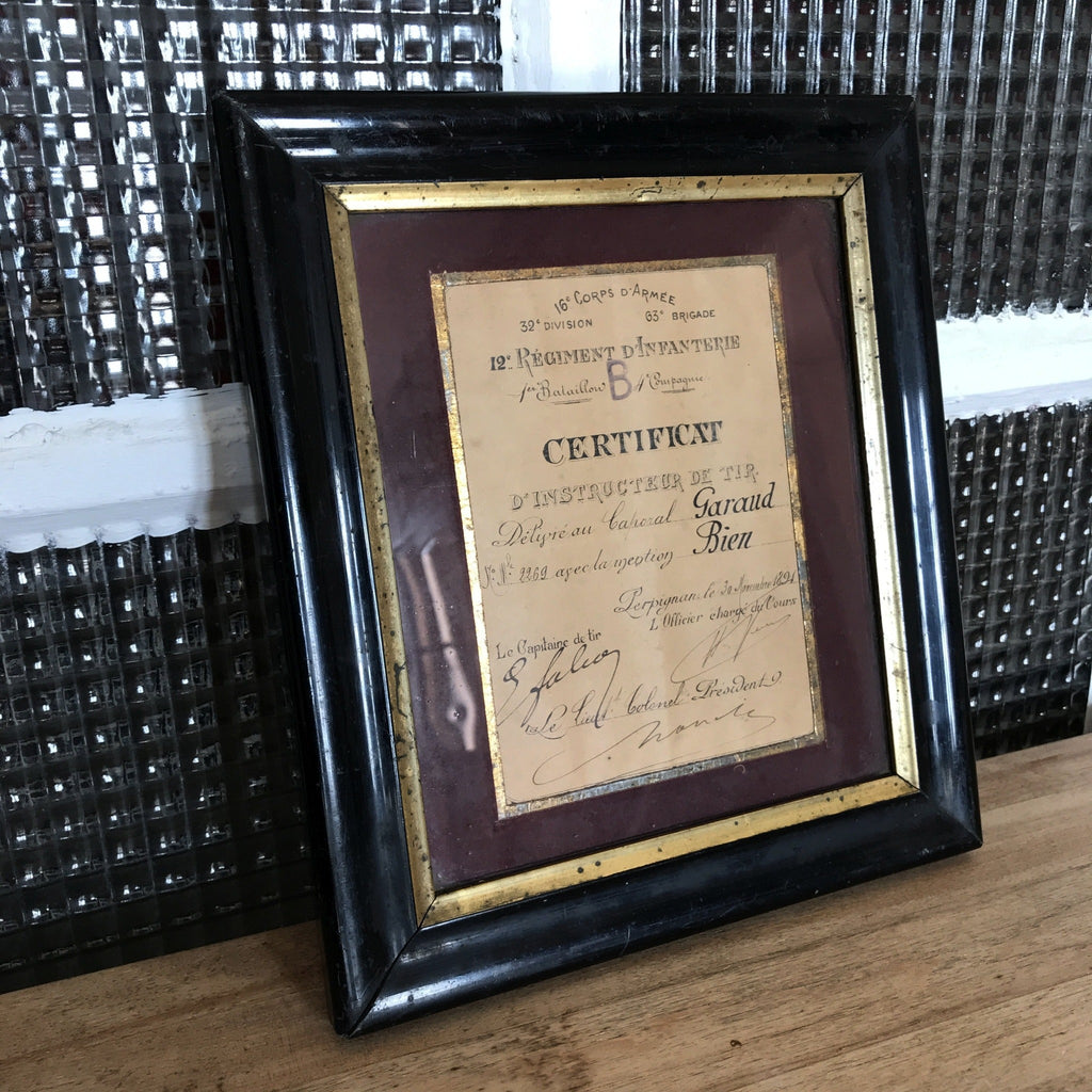 Certificat militaire d'instructeur de Tir 1891 dans son cadre d'origine - Hello Broc