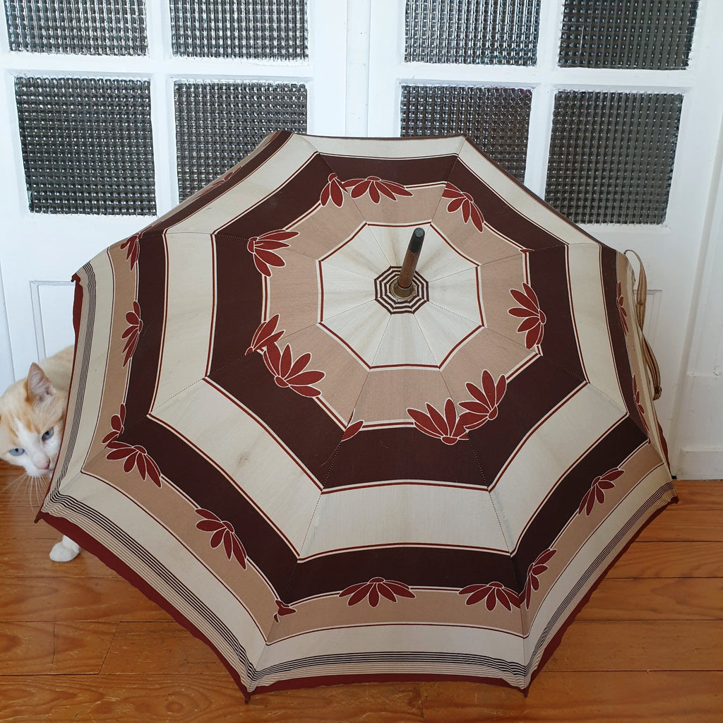 Grand parapluie vintage motifs rayures et feuilles - Hello Broc