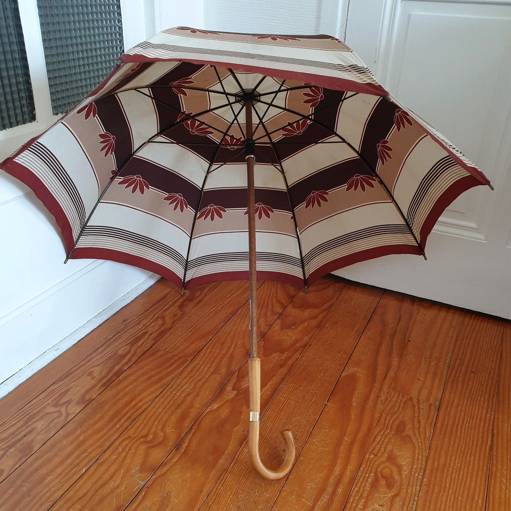 Grand parapluie vintage motifs rayures et feuilles - Hello Broc