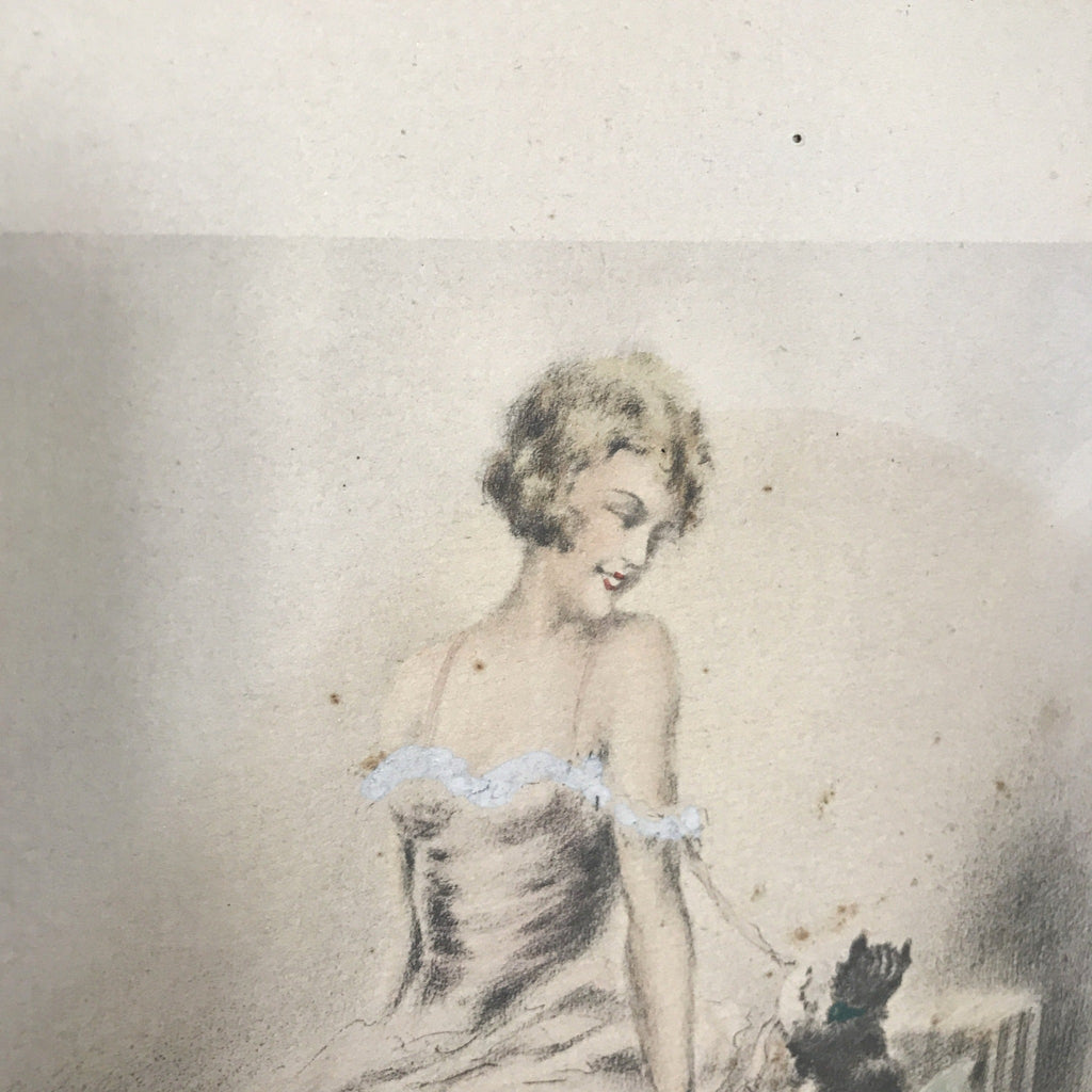 Illustration dessin aquarellé de E. Naudy - Femme et son chat jouant sur un fauteuil - Hello Broc