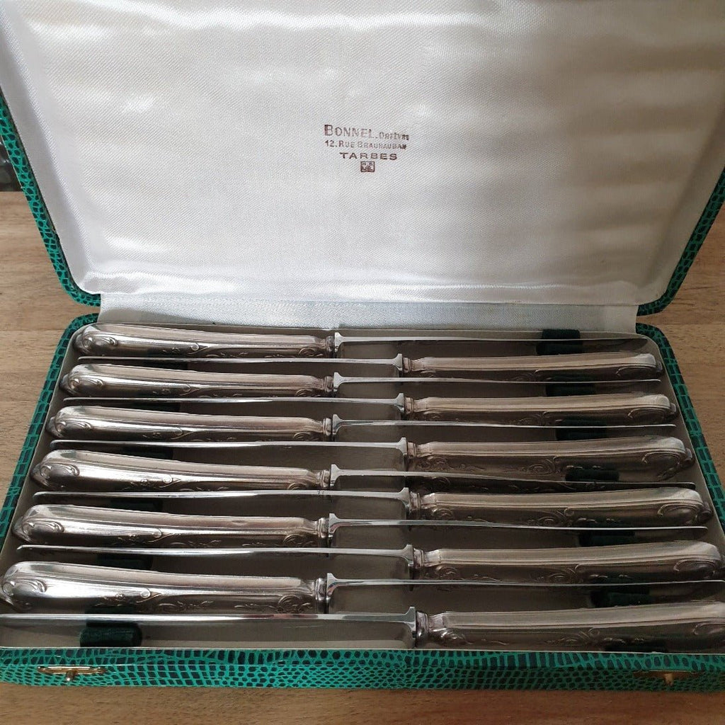 Ménagère de 12 grands couteaux en métal argenté dans leur écrin d'origine - Hello Broc